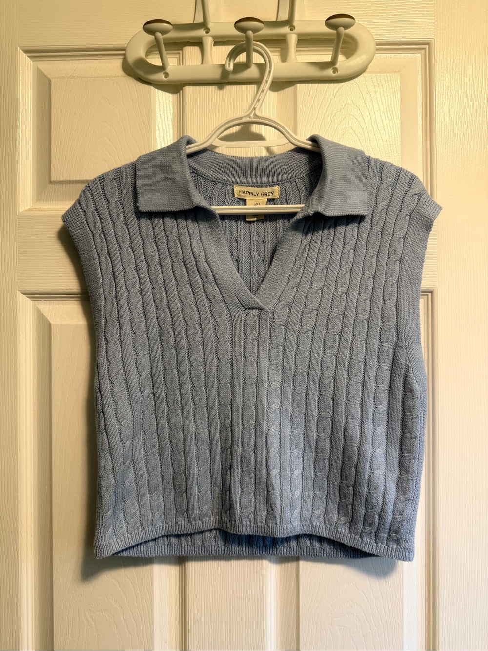 Happily Grey Light Blue Cropped Cable Knit V-Neck Collared Sweater Vest